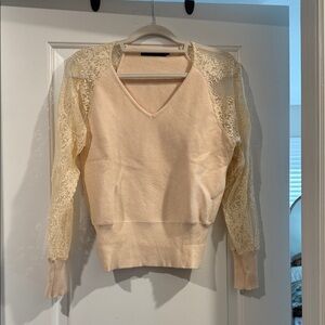 Chic Lace Sleeve V-Neck Sweater